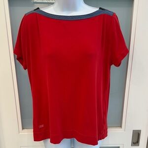 Lauren Ralph Lauren Red Boxy T-Shirt with Denim blue zipper boat collar